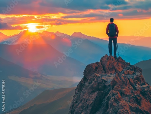 A lone hiker stands on a mountain peak at sunset, overlooking a vast landscape
