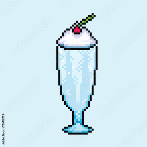 Vanilla creamy milk shake in blue tall glass and cherry fruit topping. Pixel art retro vintage video game bit vector illustration. Simple flat cartoon art styled drawing isolated on square background.