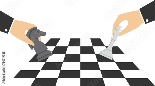 Concept of business strategy and competition. Vector of businessmen moving chess pieces as a symbol of rivalry corporate negotiation.

