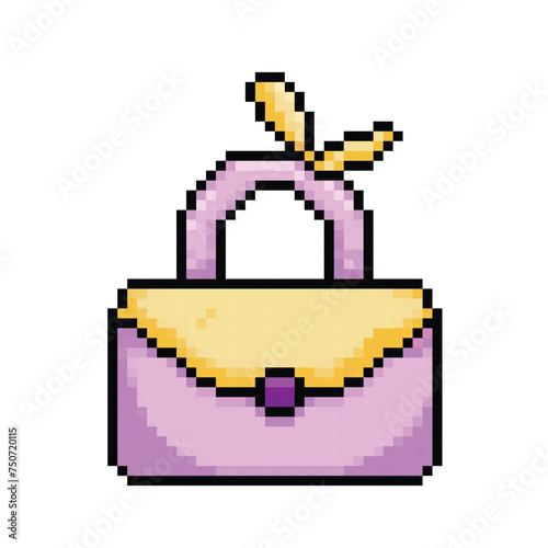 Feminine purple pink and yellow hand bag with ribbon decoration. Pixel art retro vintage video game bit vector illustration. Simple flat cartoon art styled drawing isolated on square background.