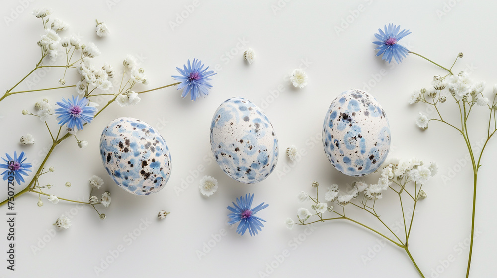 Fototapeta premium Easter eggs decorated with flowers on light grey background, flat lay. Space for text