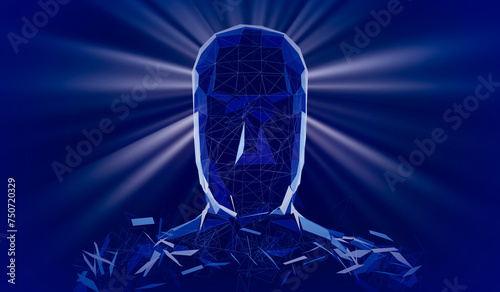 Geometrical wireframe man face and rays of light - 3D illustration