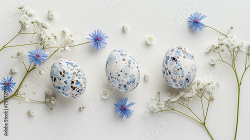 Easter eggs decorated with flowers on light grey background, flat lay. Space for text