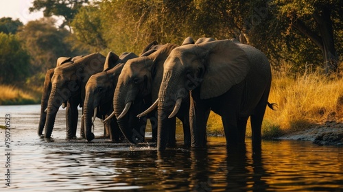 A colony of elephants drinking water in a river with a lush African forest in the background