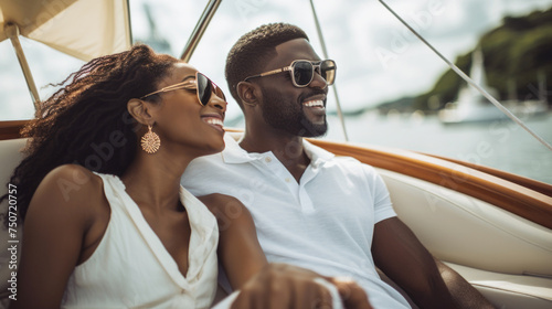 Smiling young african american couple enjoying holiday sailboat ride in summer © dvoevnore