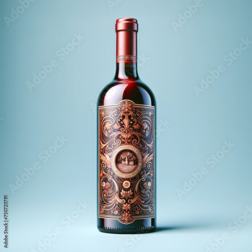 Bouteille de vin rouge avec ornements dans un style minimaliste et photoréaliste 