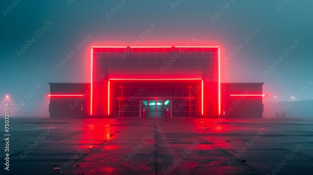 design a brutalist inspired building with a calm background. Involve neon lights corresponding to the architectural design