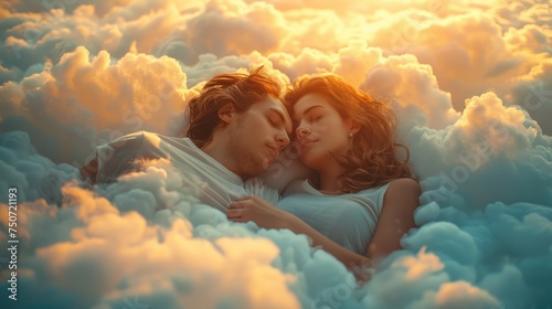 man and a woman sleeping in a comfortable cloud in the sky, the photo suggests extraodinary comfort, they have a relaxing and quality sleep, close view photo from above