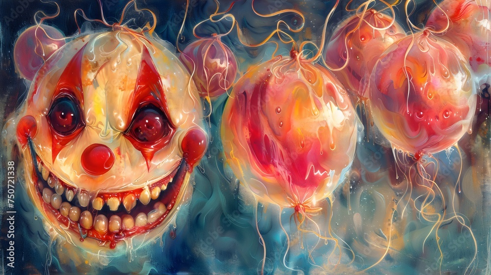 Surreal Clown Face with Melting Balloons