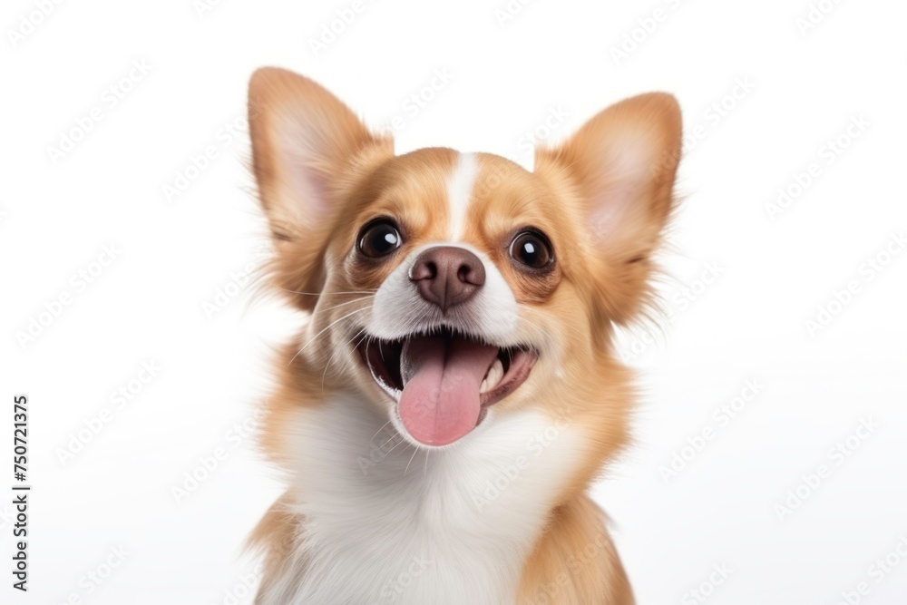 Happily dog for a portrait in a studio, showcasing its cute white fur.