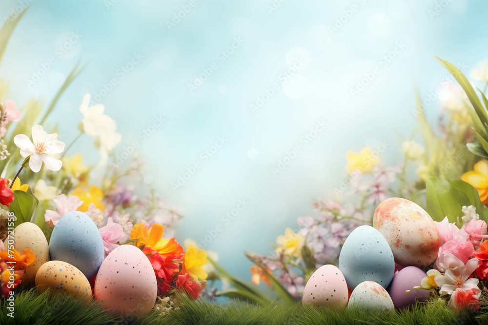 Easter background with painted eggs, grass and bright sky. With space for text.