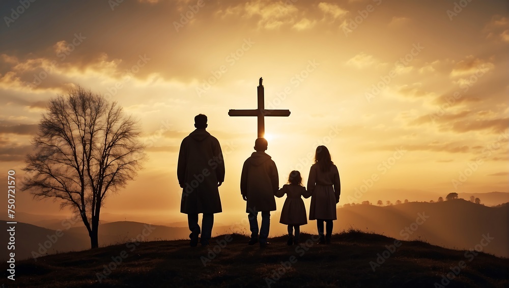 Silhouette of a family looking for the cross of Jesus Christ against the background of an autumn sunrise. Easter Sunday concept. AI generated - obrazy, fototapety, plakaty 