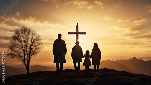 Silhouette of a family looking for the cross of Jesus Christ against the background of an autumn sunrise. Easter Sunday concept. AI generated photo