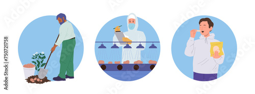 Potato chips production isolated round composition set with farmer harvesting, worker and customer