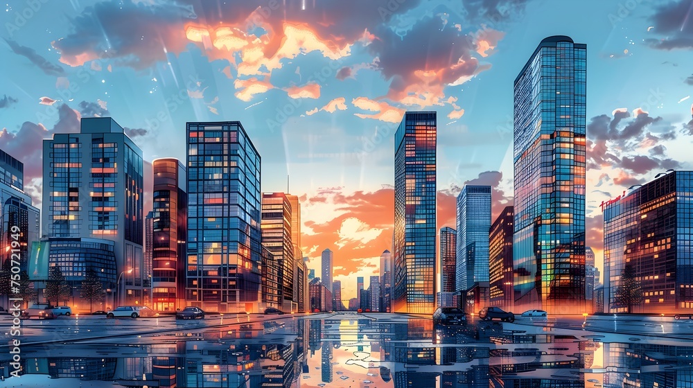 Obraz premium Futuristic Cityscape in Digital Mixed Media