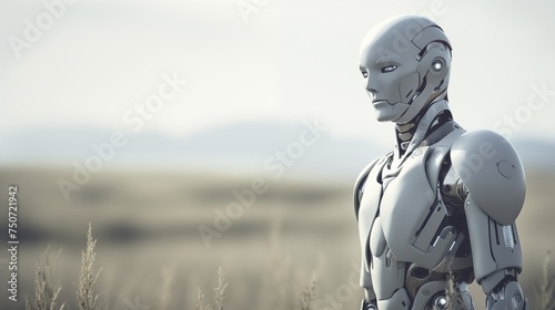 White humanoid robot against nature background