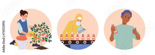Tomato sauce and ketchup production, food industry and distribution isolated round composition set