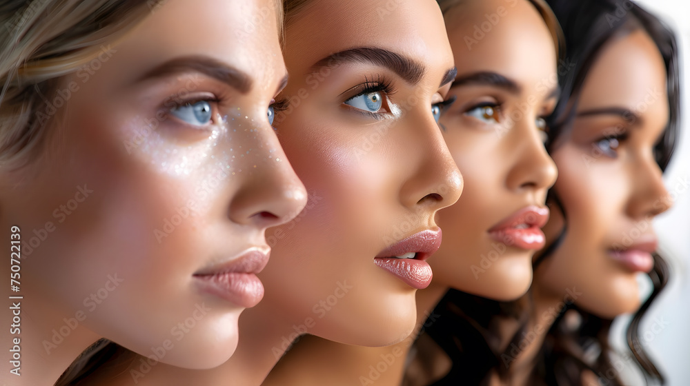 A diverse group of women multi-ethnic with different hairstyles and skin tones pose together in a studio setting