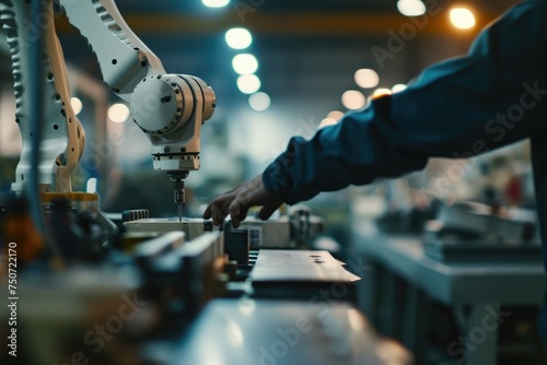 a robotic arm working alongside human hands in a manufacturing facility, highlighting the synergy between technology and human labor