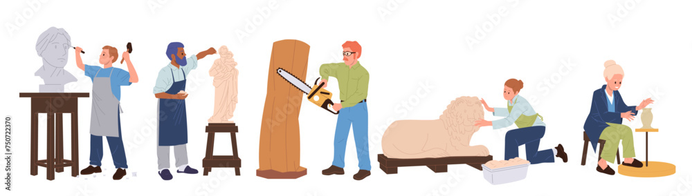 People sculptors cartoon characters engaged in creative work sculpting with special equipment set People sculptors cartoon characters engaged in creative work sculpting with special equipment set