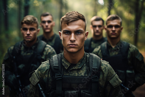 Picture of confident strong soldiers fully equipped looking camera in a forest made with generative ai photo