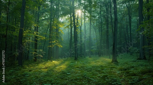 Through the green forest canopy filters sunlight.