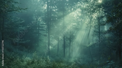 Sunlight filters through the green forest canopy.