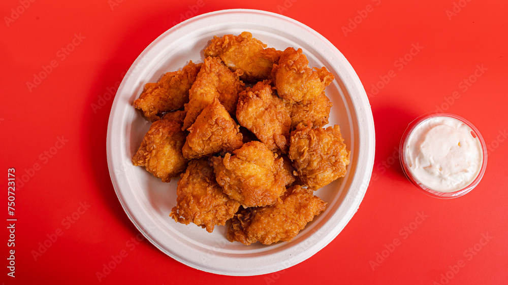 Fried chicken and mayonnaise top view isolated Fried chicken and mayonnaise top view isolated