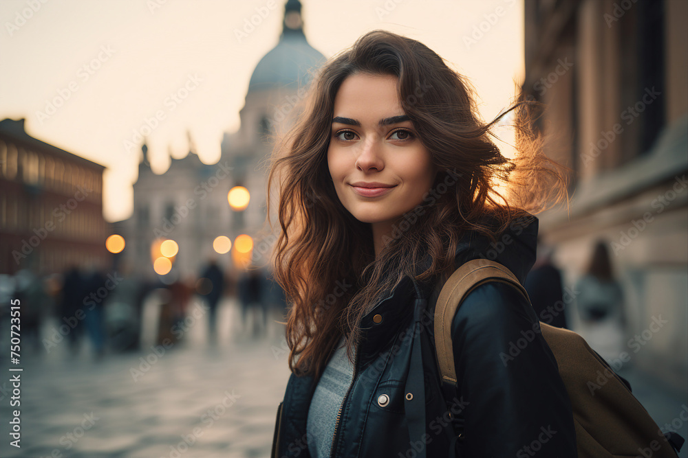Fototapeta premium Generated with AI photography of smiling young woman enjoy live in the city