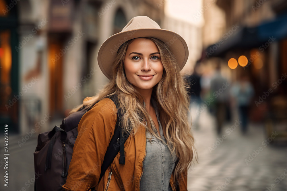 Generated with AI photo of woman in a stylish clothes against a city backdrop