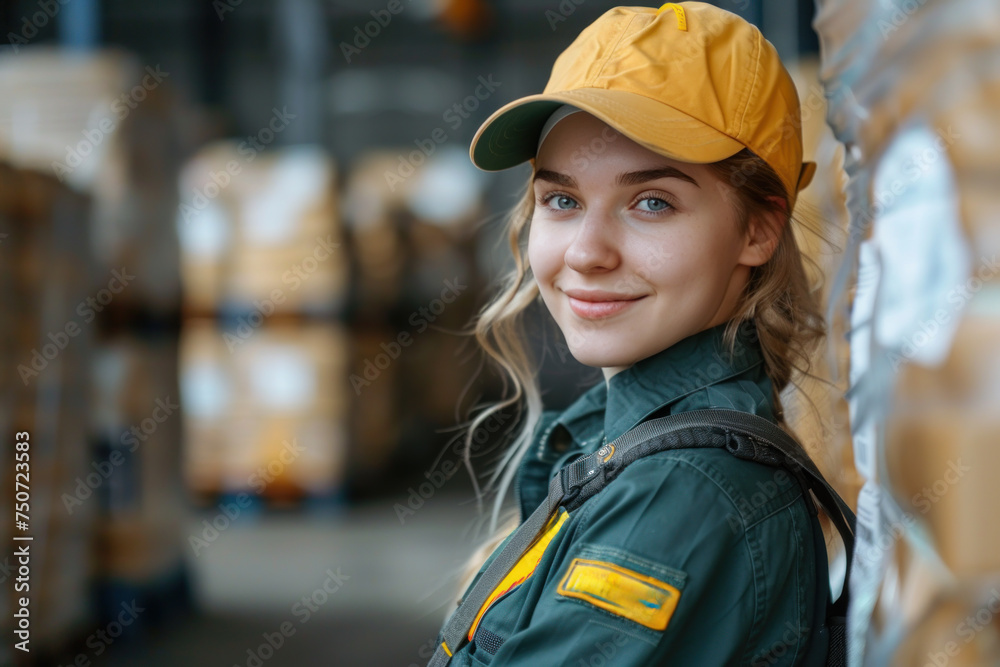 Caucasian woman wearing delivery officer uniform in the sorting warehouse Caucasian woman wearing delivery officer uniform in the sorting warehouse