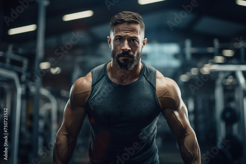 Generative AI image of young strong muscular man bodybuilder coach training in gym