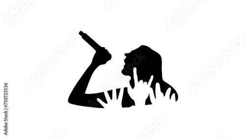 singer with microphone, concert emblem, black isolated silhouette