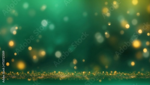 Abstract blurred bokeh banner background. Maybe gold on an out-of-focus emerald green background. AI generated