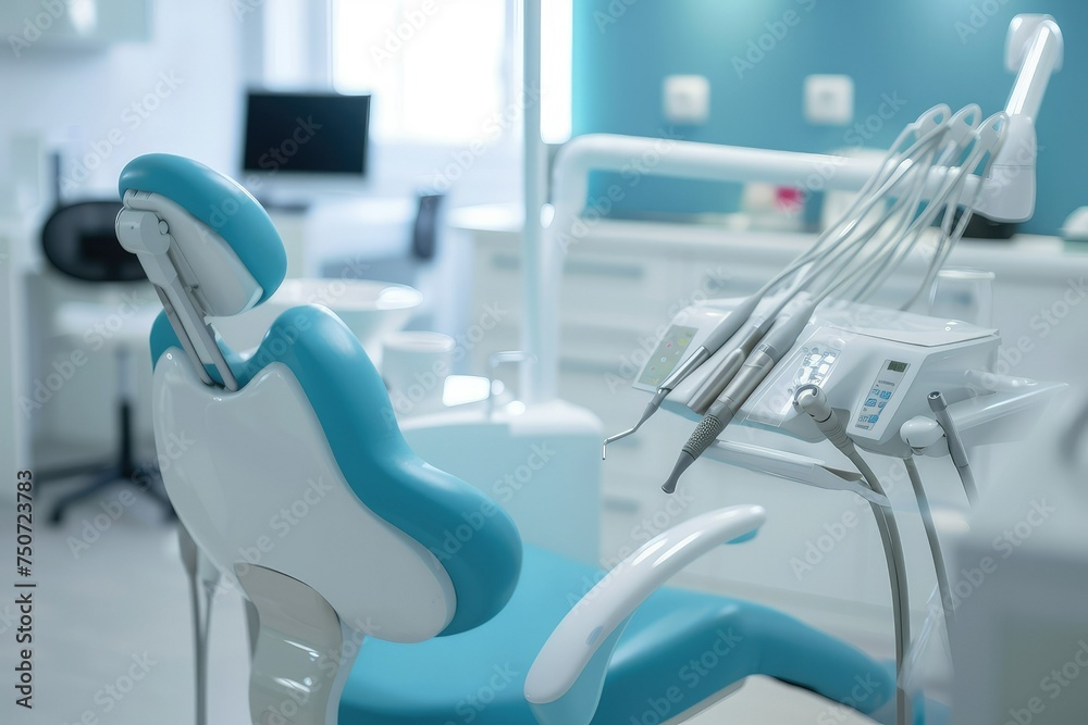 Dental equipment in dentist office in new modern stemmatological clinic room. Background of dental chair and accessories used by dentists in blue Dental equipment in dentist office in new modern stemmatological clinic room. Background of dental chair and accessories used by dentists in blue