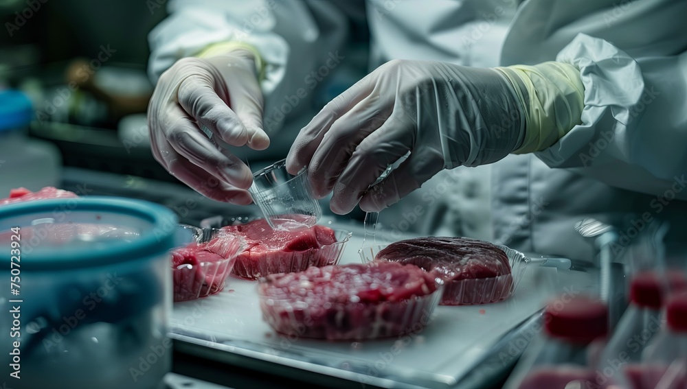The concept of cultured meat is depicted in a laboratory setting, where a petri dish nurtures lab-grown meat, offering promising sustainable food solutions. AI Generative - obrazy, fototapety, plakaty 
