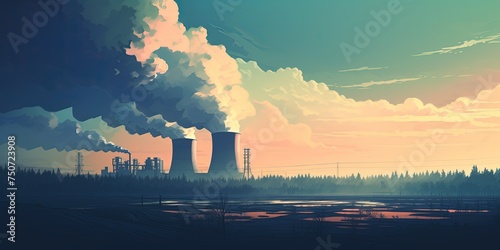 A typical nuclear reactor in the distance. A scene with a nuclear electric generation plant with steam coming out from the top. Pastel tone.