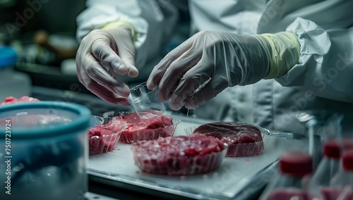 The concept of cultured meat is depicted in a laboratory setting, where a petri dish nurtures lab-grown meat, offering promising sustainable food solutions. AI Generative