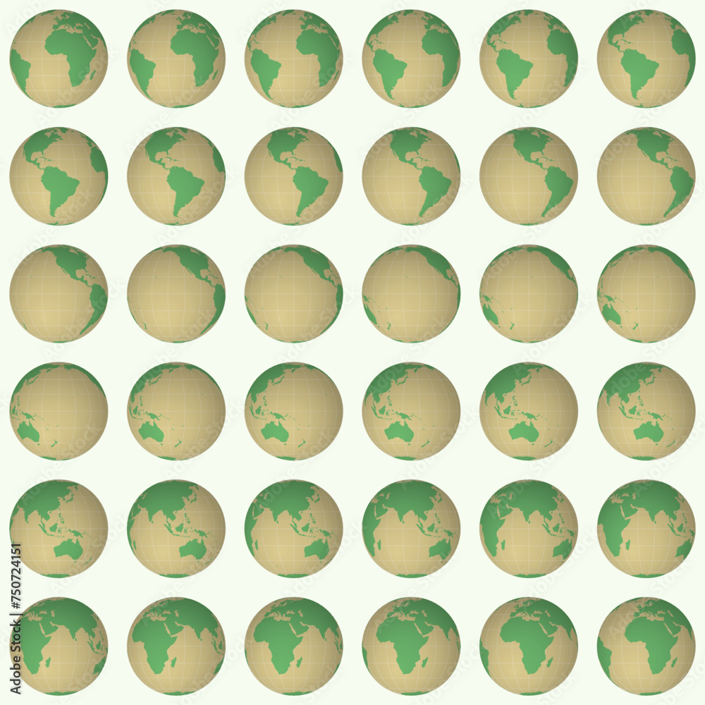 Collection of earth globes in a solid color style, featuring a world map with graticule lines on a light background. The globes are shown in a normal sphere view with a rotation step of 10 degrees. Collection of earth globes in a solid color style, featuring a world map with graticule lines on a light background. The globes are shown in a normal sphere view with a rotation step of 10 degrees.