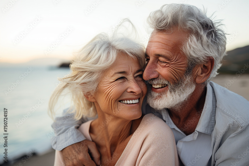 Generative AI portrait of happy beautiful mature people enjoying summer sea vacation walking seaside