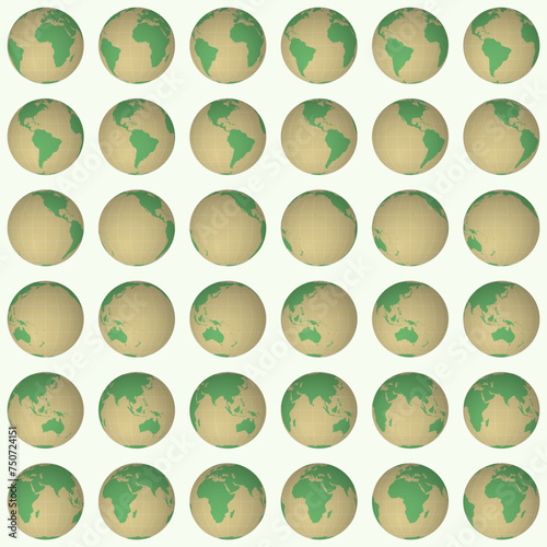 Collection of earth globes in a solid color style, featuring a world map with graticule lines on a light background. The globes are shown in a normal sphere view with a rotation step of 10 degrees.