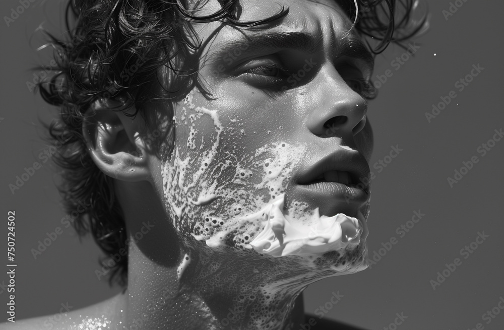 Fototapeta premium Man shaving in bathroom with foam