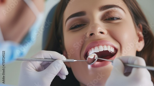 A dentist examining teeth of her female patient during appointment at dental clinic.