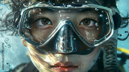Asian female Scuba diver explores a colorful coral reef with a mask and breathing apparatus