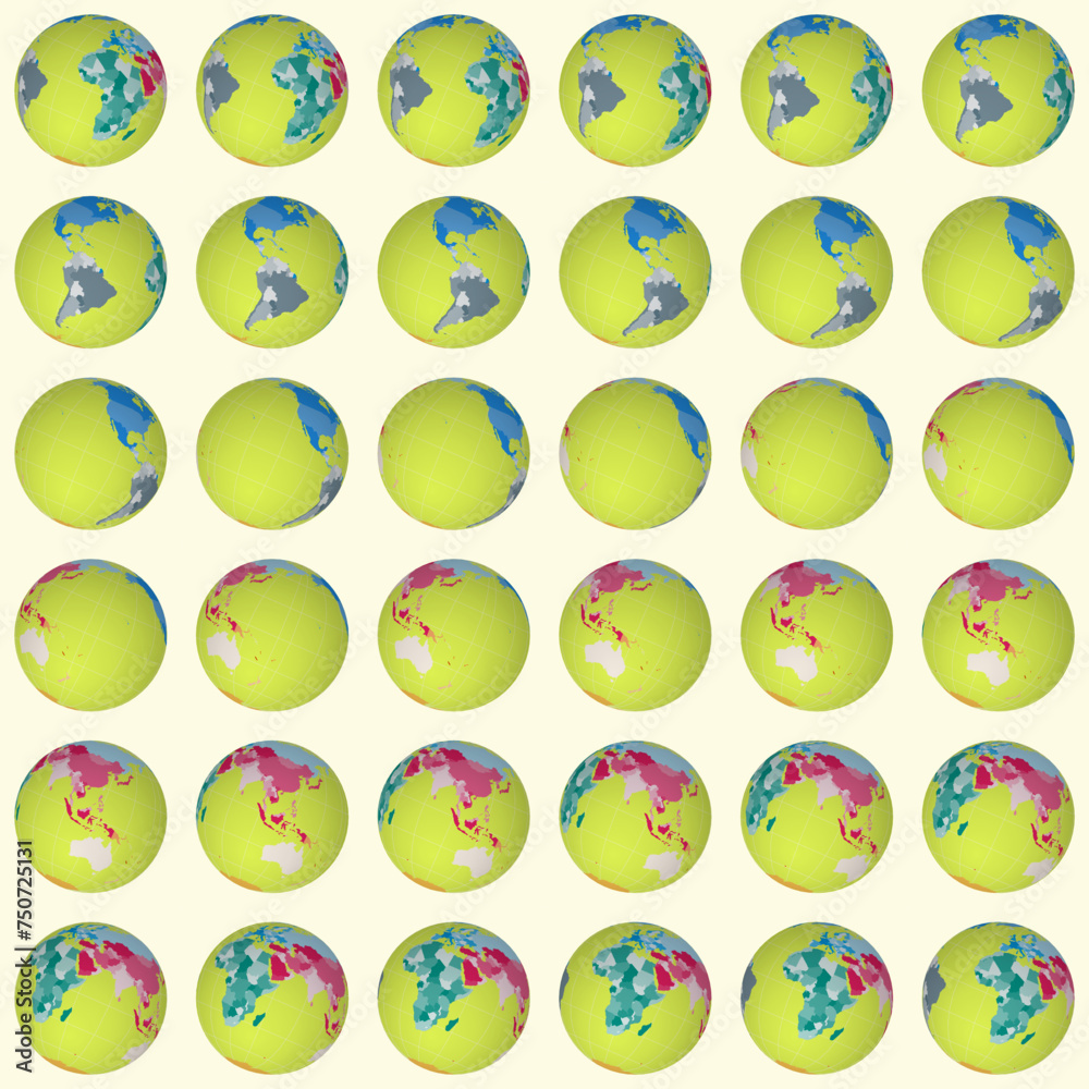 Collection of planet globes. Tilted sphere view. Rotation step 10 degrees. Colored countries style. World map with graticule lines on bright background. Impressive vector illustration. Collection of planet globes. Tilted sphere view. Rotation step 10 degrees. Colored countries style. World map with graticule lines on bright background. Impressive vector illustration.