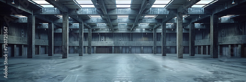 empty warehouse with steel beams and concrete columns, empty industrial room banner design photo