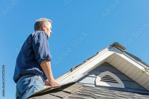 A home inspector examining the roof of a property photo
