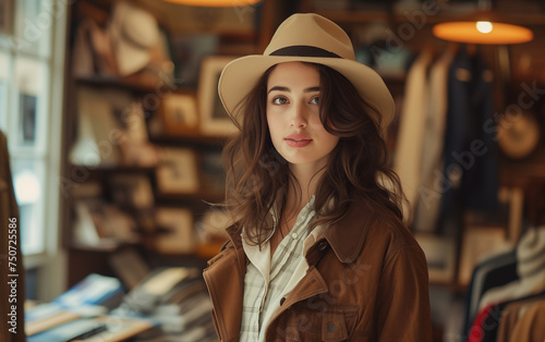 The girl walks on the souvenir market in an Asian country, a beautiful smiling woman with a beautiful smile and eyes among many merchant merchandise and souvenirs in the middle of the street