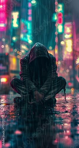 Illustration of a seated man silhouetted against a vibrant cityscape at night, adorned with skyscrapers and neon lights. AI-generated, AI Generative 