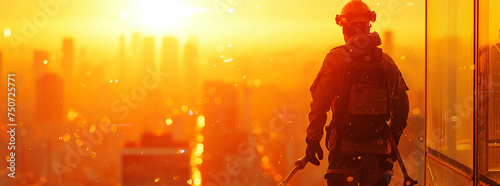 The double exposure image of the engineer standing on the rooftop overlay with cityscape image and. The concept of engineering, construction, city life and future.